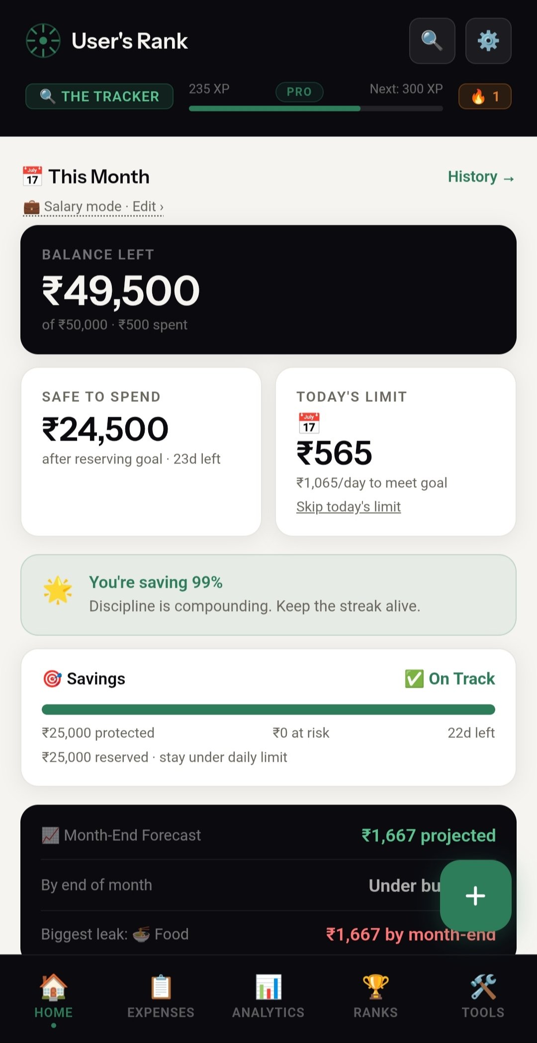 RupeeRank dashboard showing your Safe-to-Spend number for today