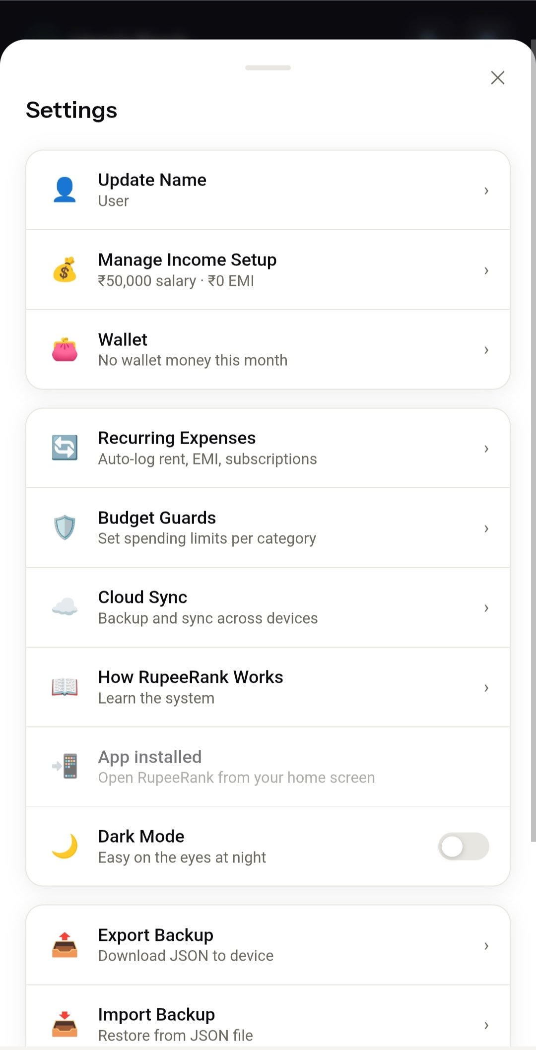 RupeeRank settings